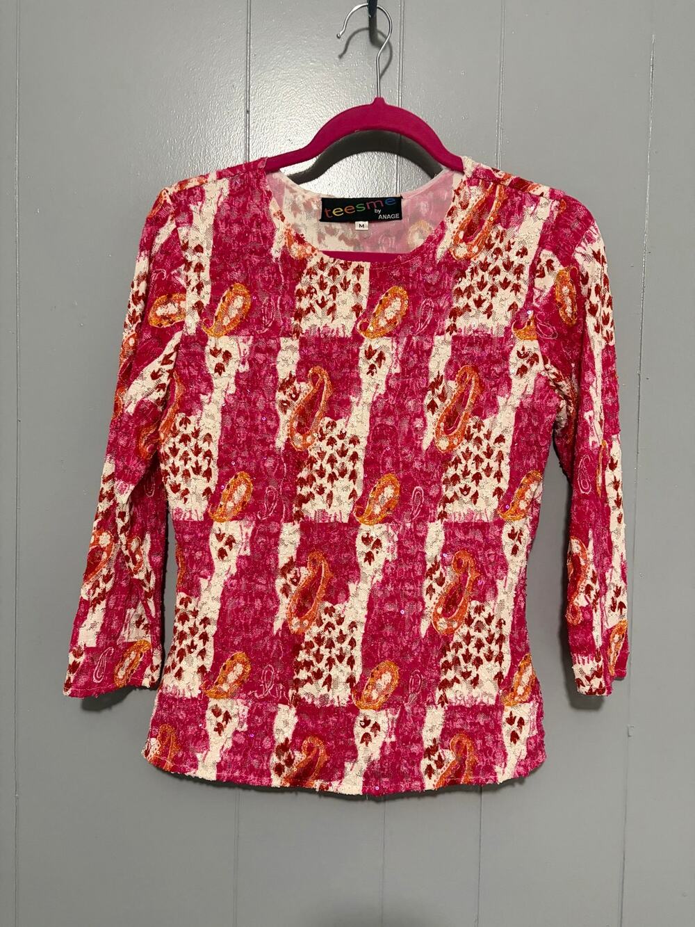 Vintage Teesme by Anage Pink Patchwork Paisley Mesh Sequin Beaded 90s Y2K Top M